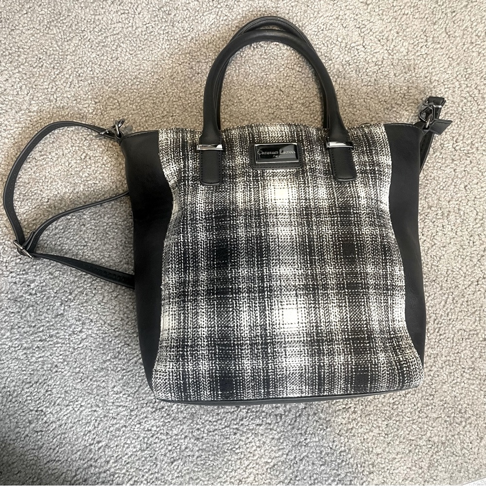 Black Leather Christian Lacroix Tote Bag with Wool Pattern